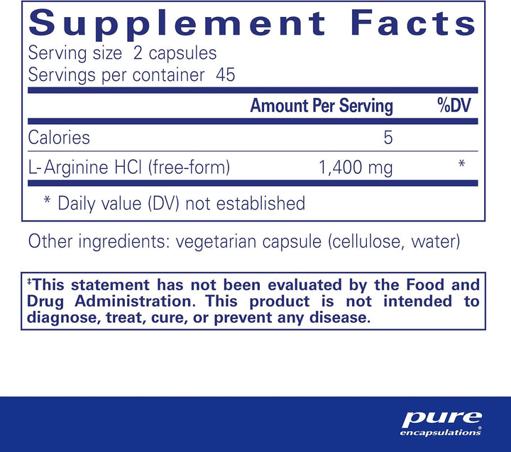 Pure Encapsulations L-Arginine dietary supplement bottle with 90 capsules, supports heart health and circulation.
