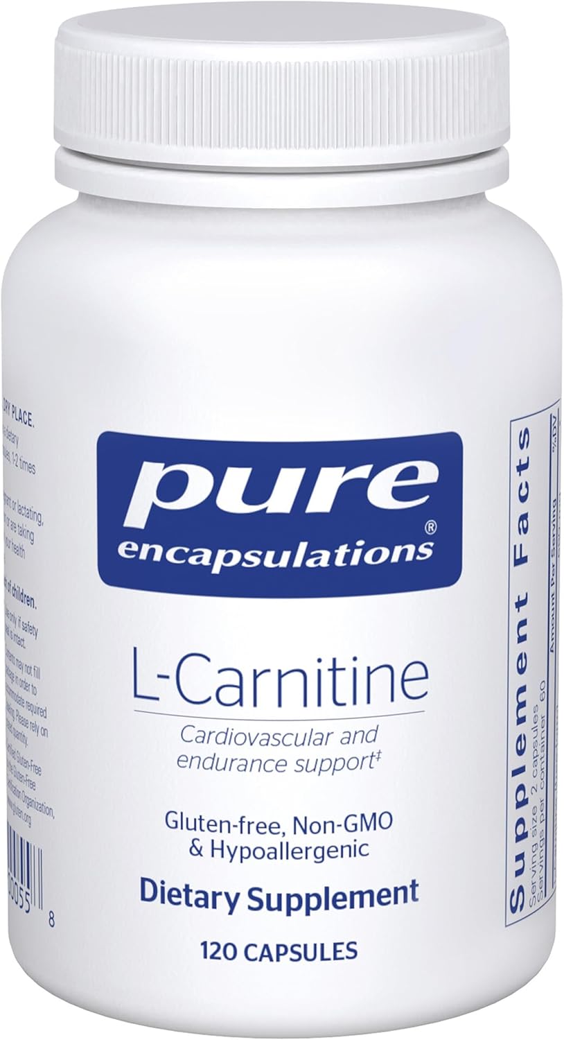 Pure Encapsulations L-Carnitine dietary supplement capsules supporting heart endurance, shown in a bottle with 120 capsules.