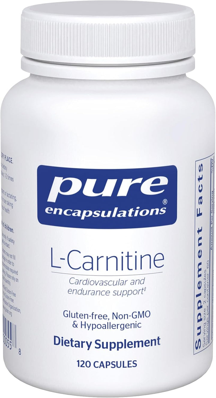 Pure Encapsulations L-Carnitine dietary supplement capsules supporting heart endurance, shown in a bottle with 120 capsules.