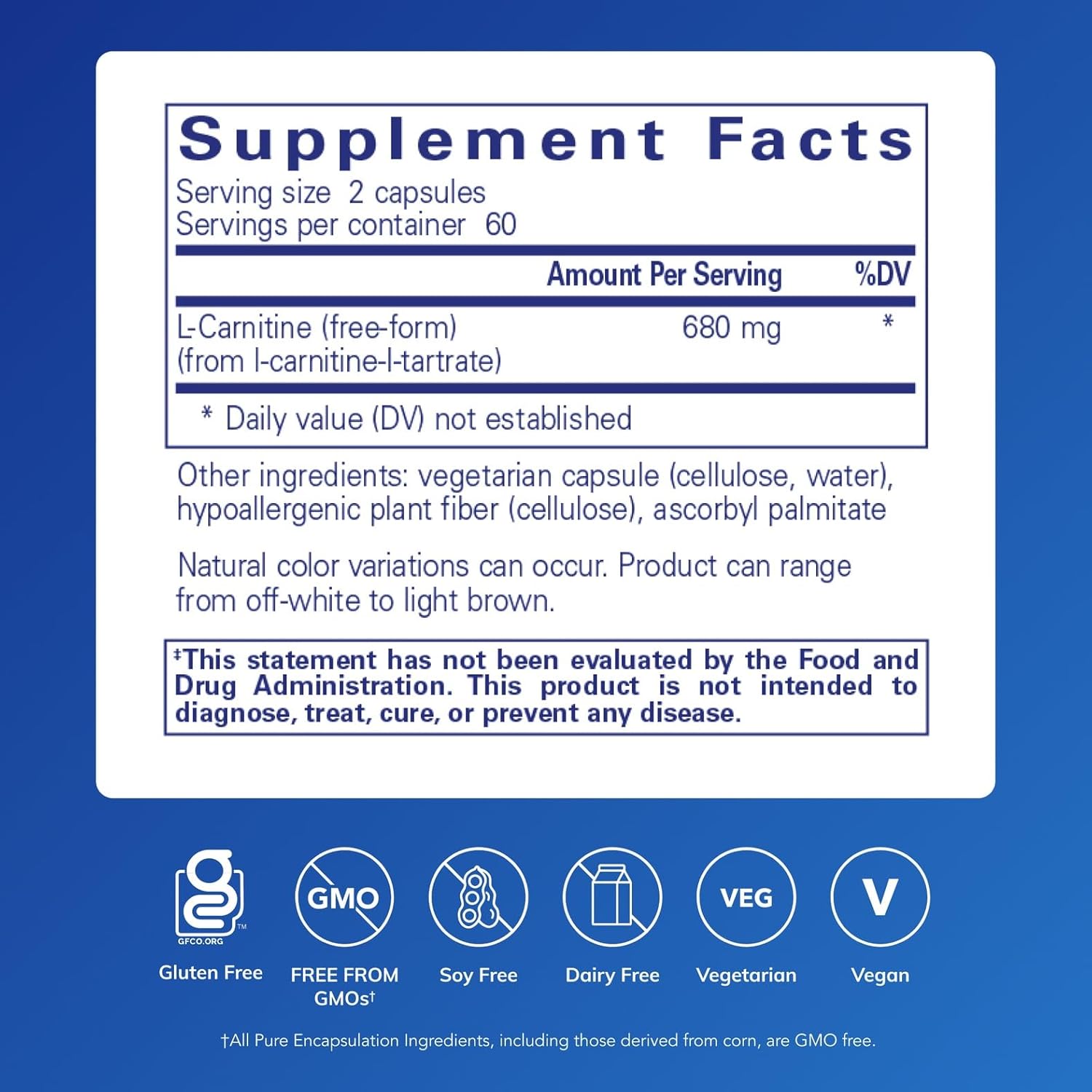 Pure Encapsulations L-Carnitine dietary supplement bottle with 120 capsules, supports heart endurance and overall cardiovascular health.