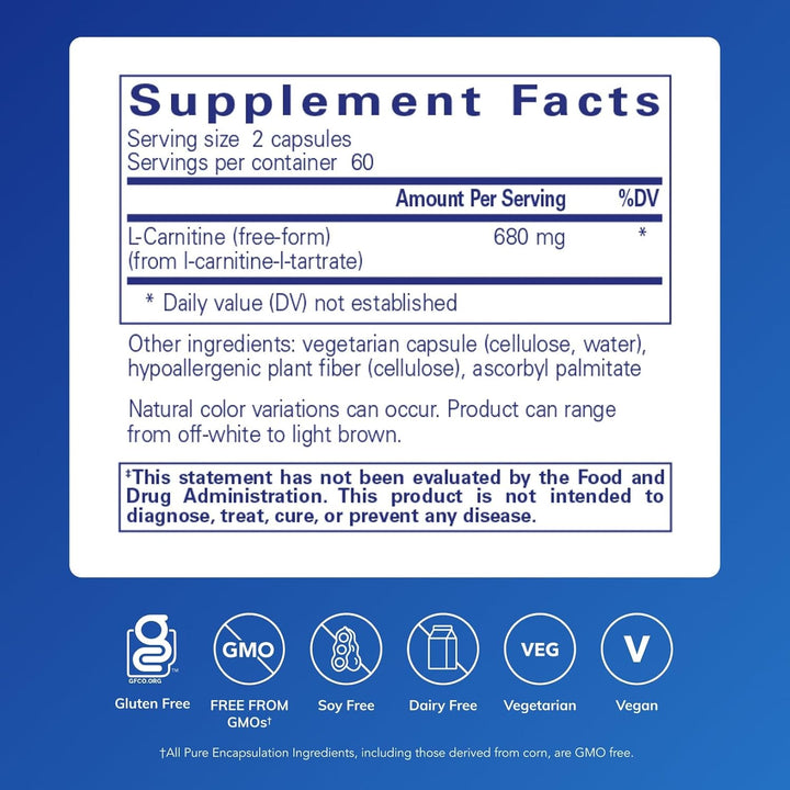 Pure Encapsulations L-Carnitine dietary supplement bottle with 120 capsules, supports heart endurance and overall cardiovascular health.