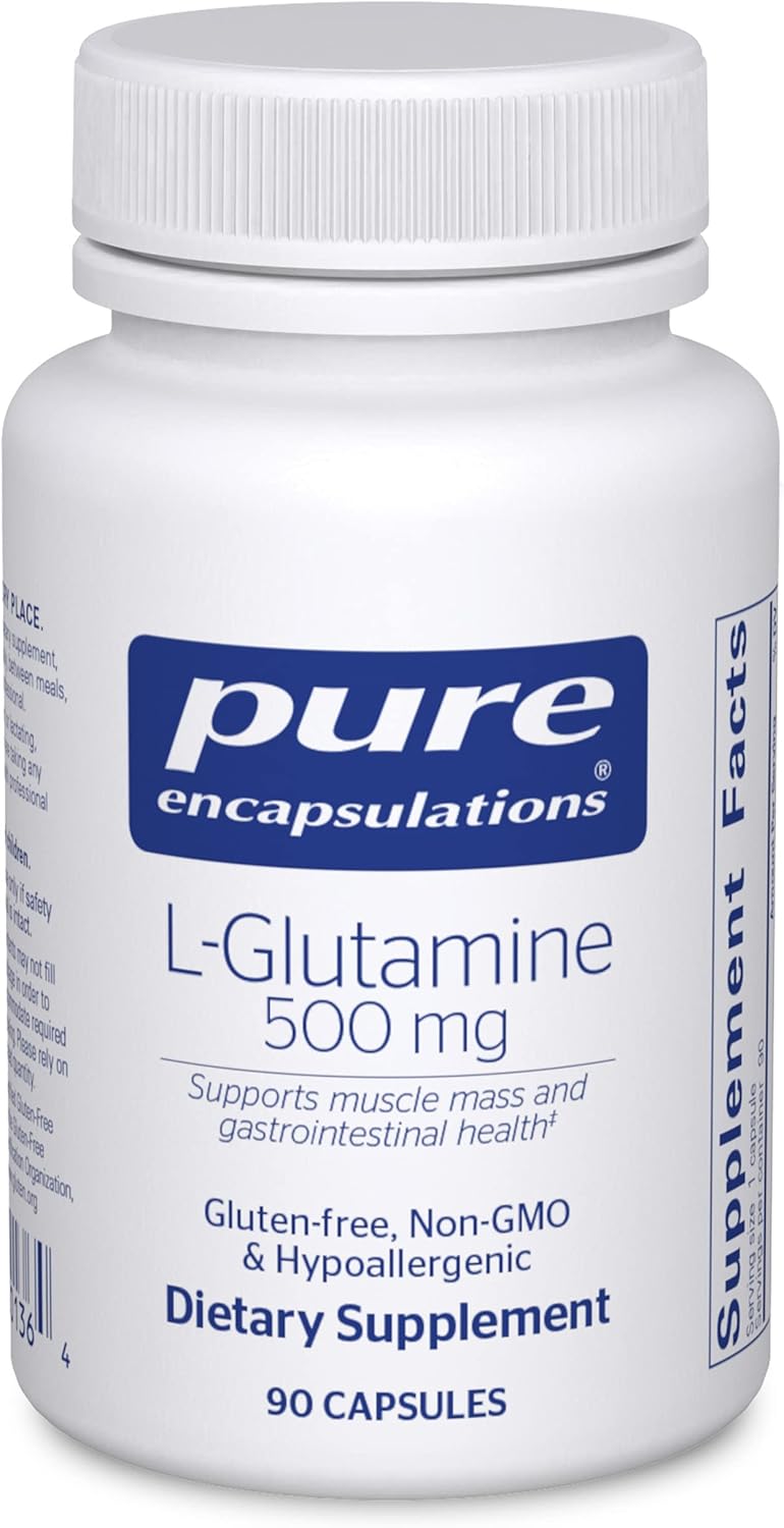 Pure Encapsulations L-Glutamine dietary supplement capsules supporting gut and muscle health, shown in a bottle with 90 capsules.