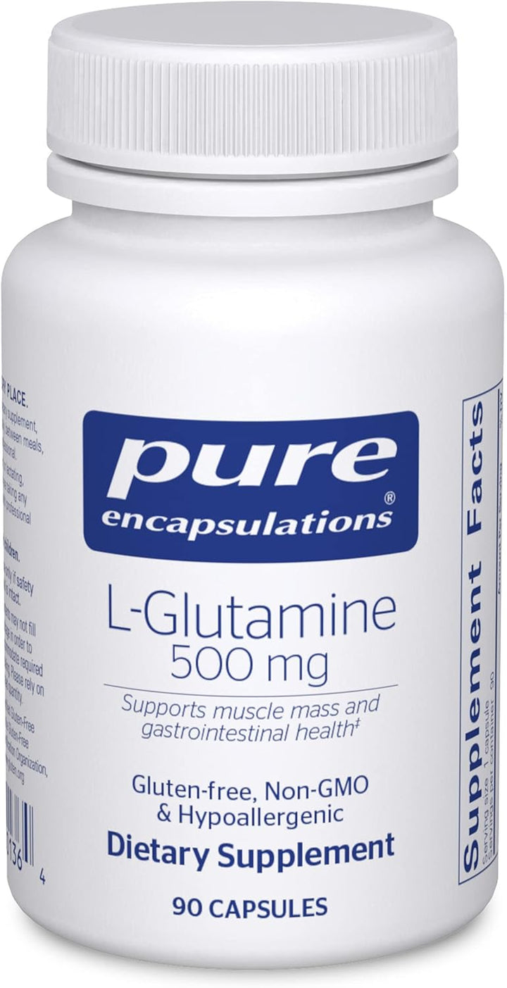 Pure Encapsulations L-Glutamine dietary supplement capsules supporting gut and muscle health, shown in a bottle with 90 capsules.