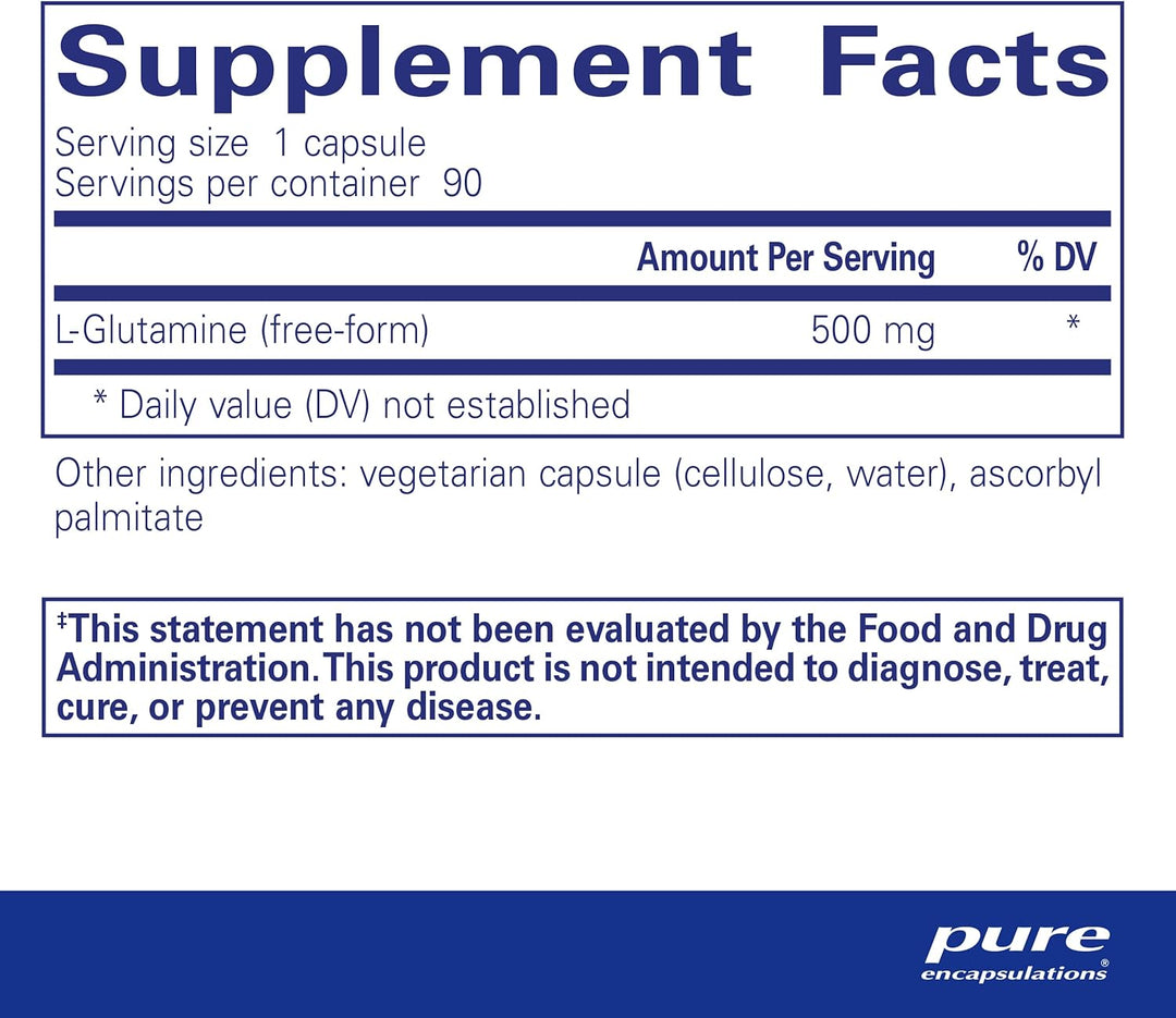 Pure Encapsulations L-Glutamine dietary supplement capsules supporting gut and muscle health, shown in a white bottle.