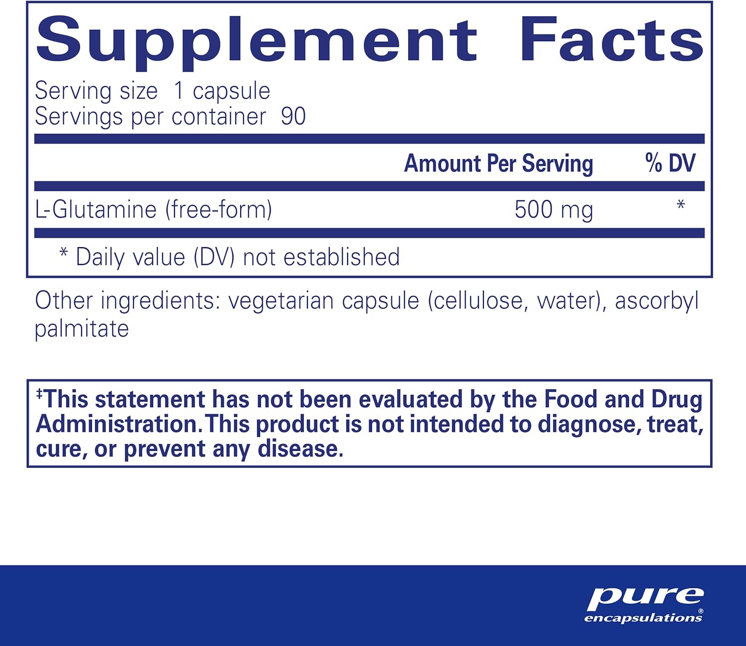 Pure Encapsulations L-Glutamine dietary supplement capsules supporting gut and muscle health, shown in a white bottle.