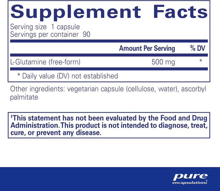 Pure Encapsulations L-Glutamine dietary supplement capsules supporting gut and muscle health, shown in a white bottle.