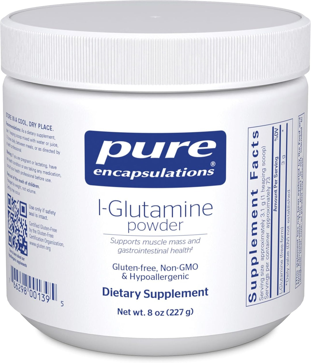Pure Encapsulations L-Glutamine dietary supplement in an 8-ounce container supporting gut and muscle health.
