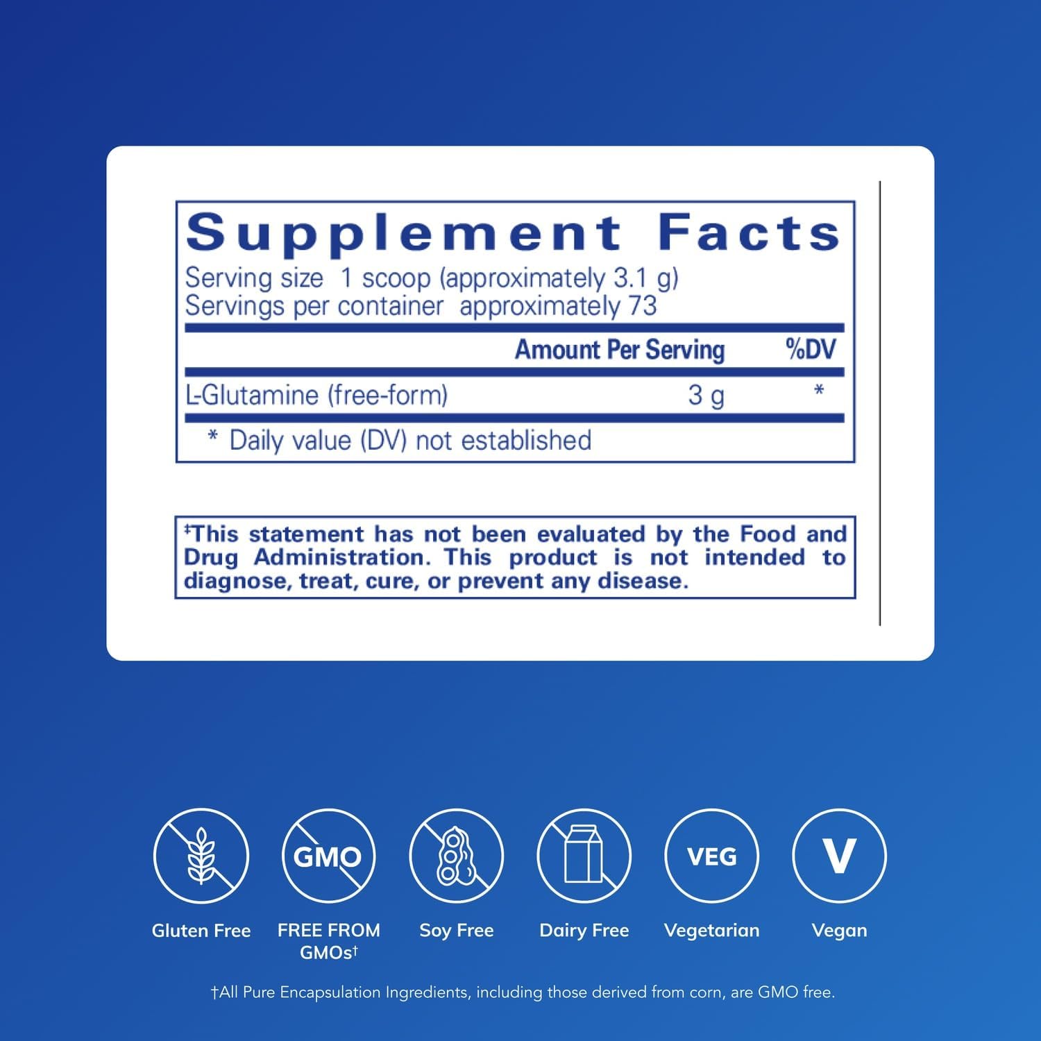 Pure Encapsulations L-Glutamine dietary supplement in an 8-ounce bottle supporting gut and muscle health.