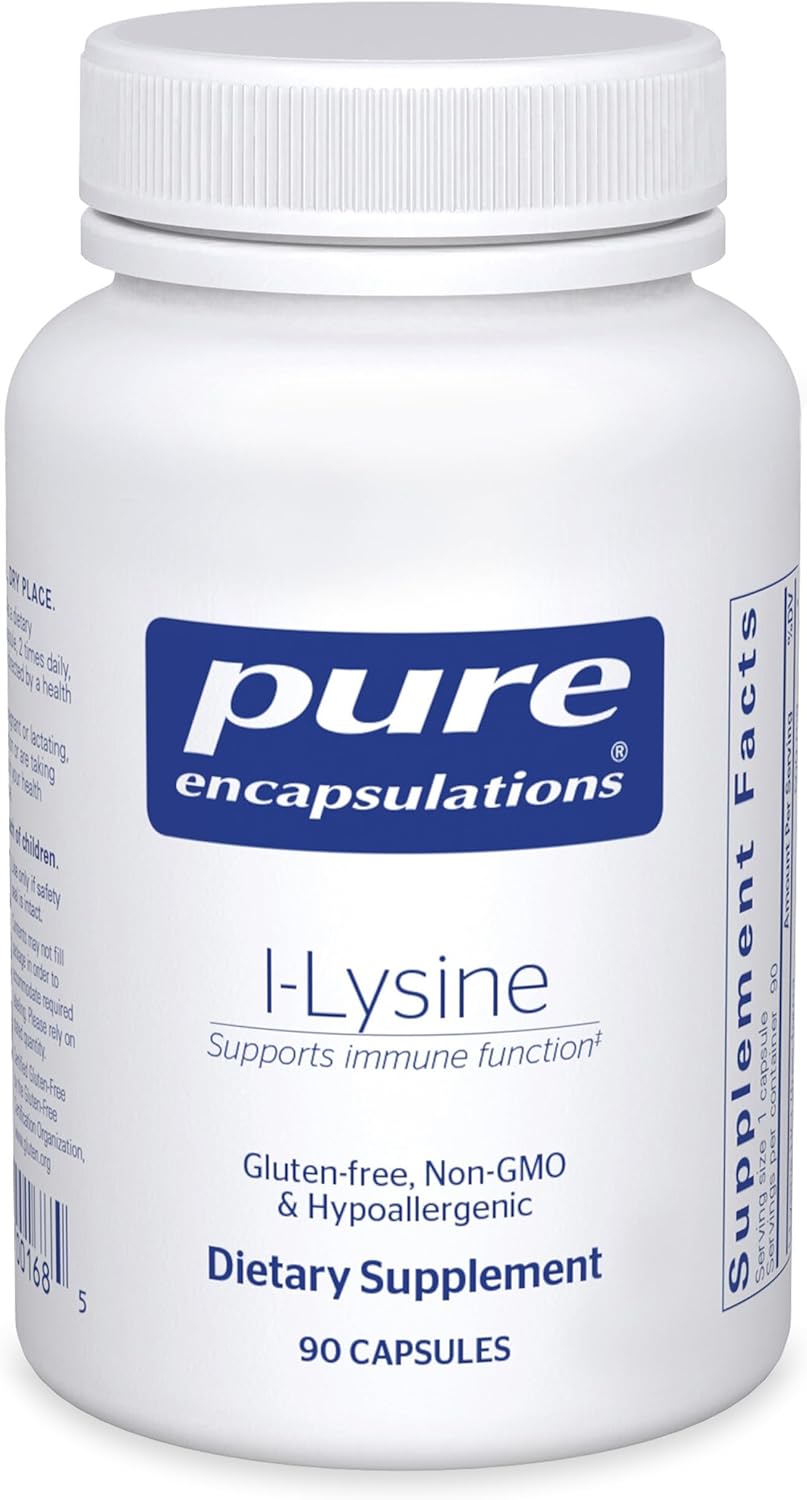 Pure Encapsulations L-Lysine dietary supplement bottle with 90 capsules supporting immune and lip health.