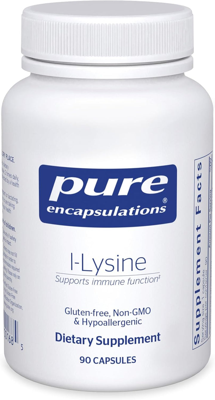 Pure Encapsulations L-Lysine dietary supplement bottle with 90 capsules supporting immune and lip health.