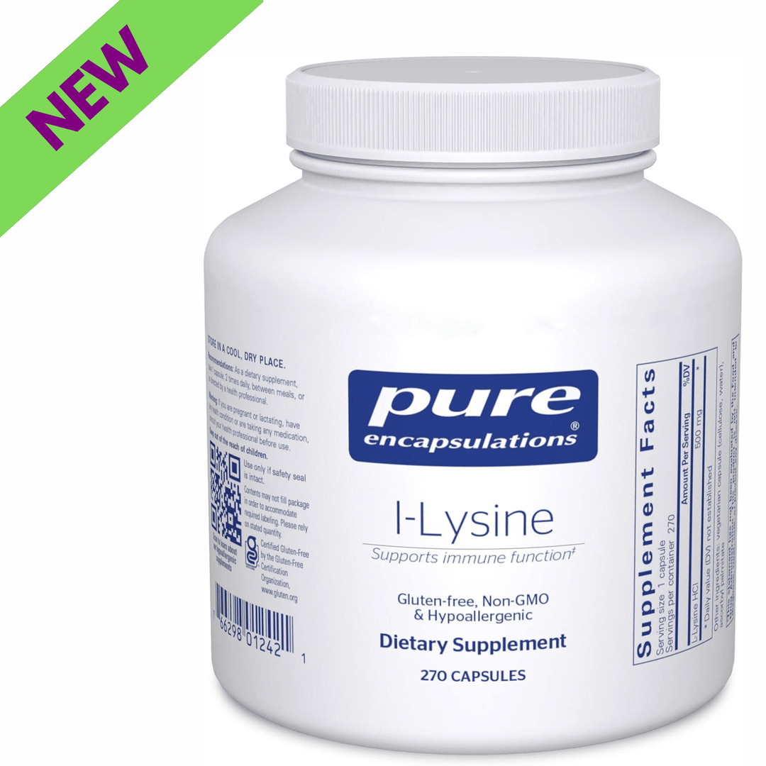Pure Encapsulations L Lysine dietary supplement capsules supporting immune health and oral wellness in a bottle of 270 capsules.