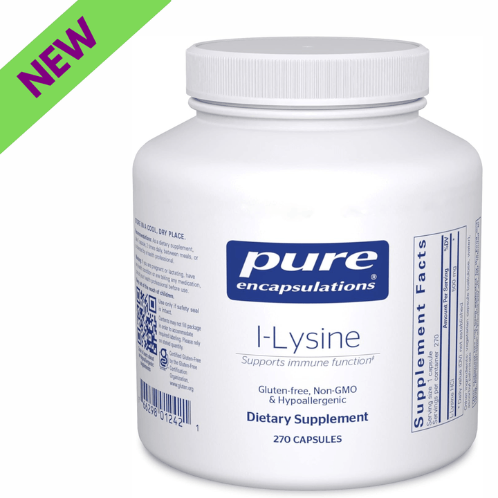 Pure Encapsulations L Lysine dietary supplement capsules supporting immune health and oral wellness in a bottle of 270 capsules.