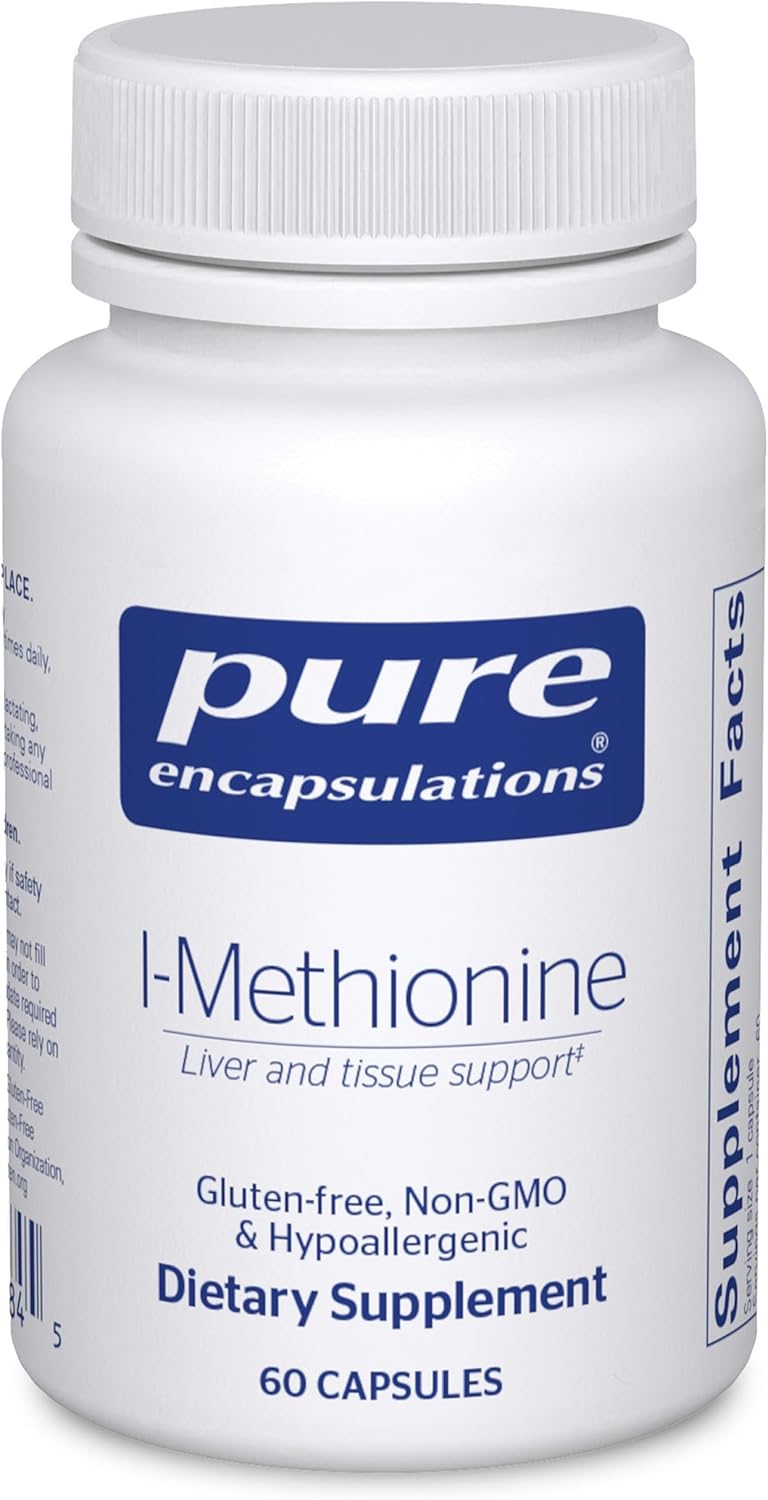 Pure Encapsulations L-Methionine dietary supplement bottle with 60 capsules, supporting liver and nerve health.