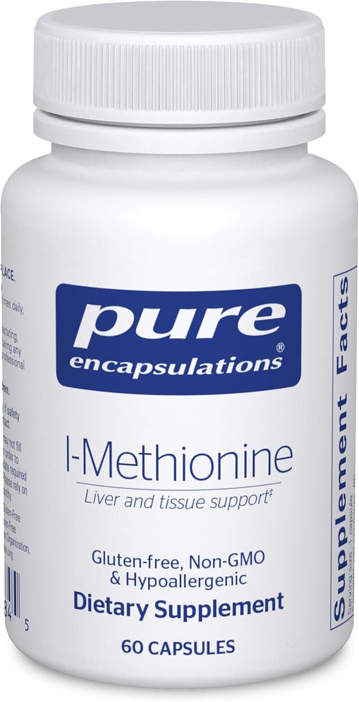 Pure Encapsulations L-Methionine dietary supplement bottle with 60 capsules, supporting liver and nerve health.