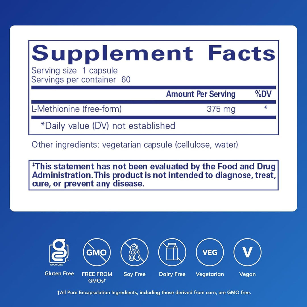 Pure Encapsulations L-Methionine dietary supplement capsules supporting liver and nerve health in a bottle of 60 capsules.