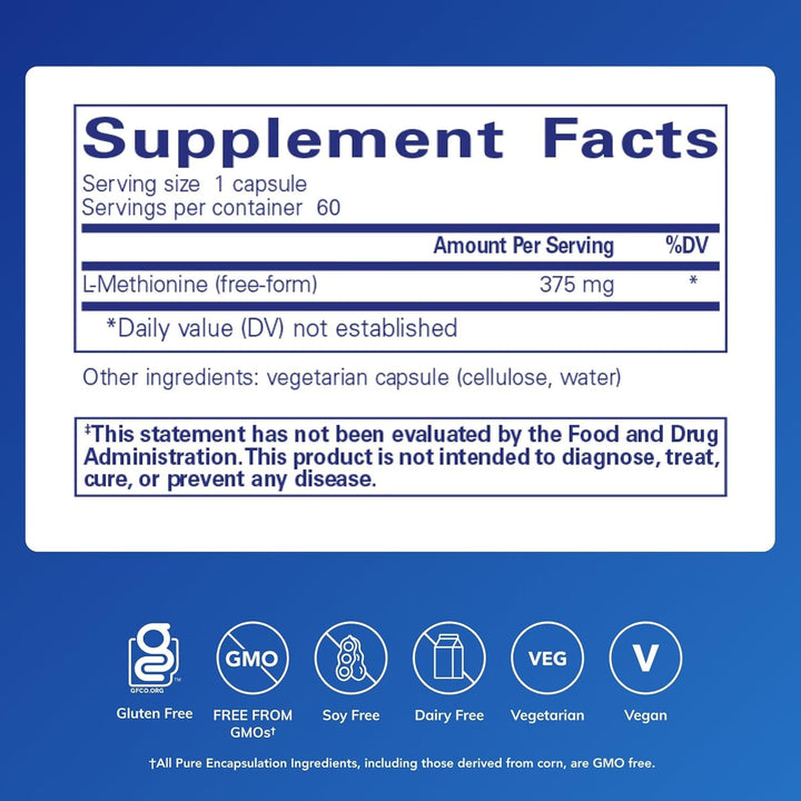 Pure Encapsulations L-Methionine dietary supplement capsules supporting liver and nerve health in a bottle of 60 capsules.