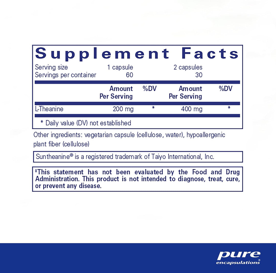 Pure Encapsulations L-Theanine dietary supplement bottle with 60 capsules supporting relaxation and nervous system health