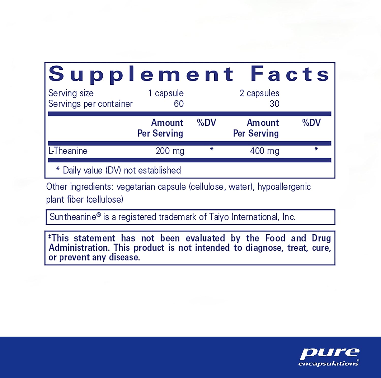 Pure Encapsulations L-Theanine dietary supplement bottle with 60 capsules supporting relaxation and nervous system health