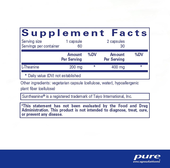 Pure Encapsulations L-Theanine dietary supplement bottle with 60 capsules supporting relaxation and nervous system health