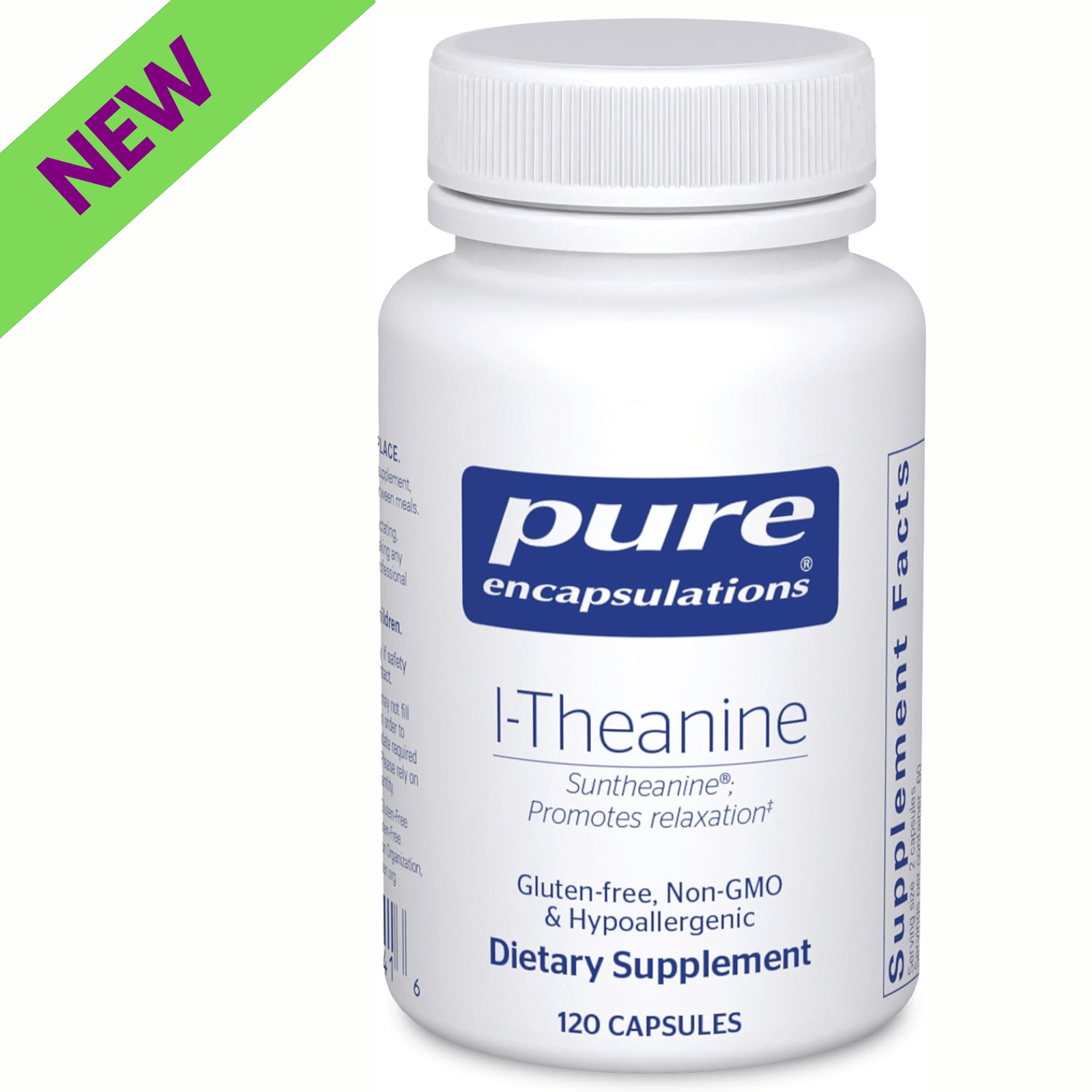 Pure Encapsulations L-Theanine dietary supplement bottle with 120 capsules for relaxation and stress support.