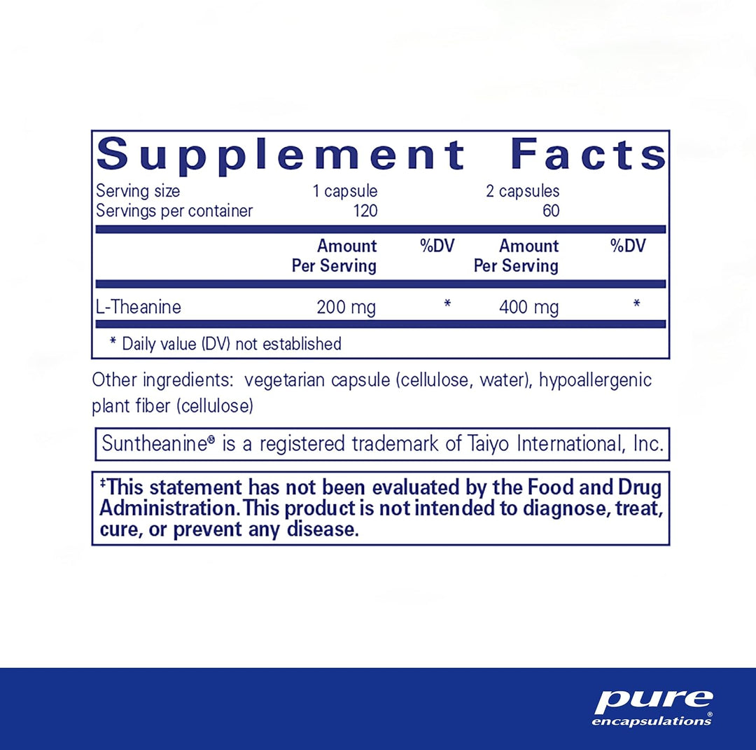 Pure Encapsulations L-Theanine dietary supplement bottle with 120 capsules for relaxation and stress support.