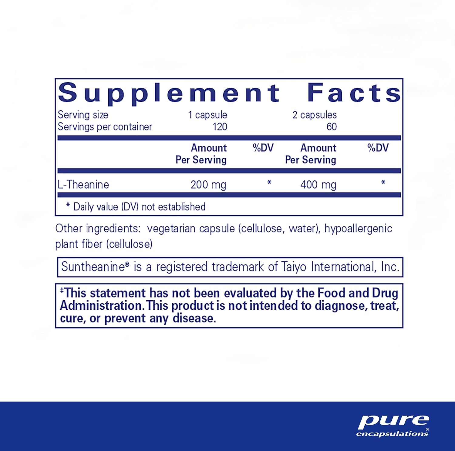 Pure Encapsulations L-Theanine dietary supplement bottle with 120 capsules for relaxation and stress support.