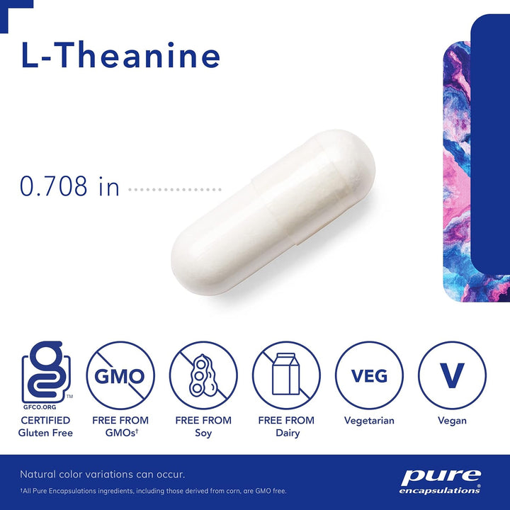 Pure Encapsulations L-Theanine dietary supplement capsules for relaxation and stress support, showing a bottle of 120 caps.