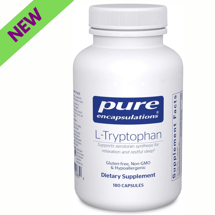 Pure Encapsulations L-Tryptophan dietary supplement bottle with 180 capsules for relaxation and mood support.