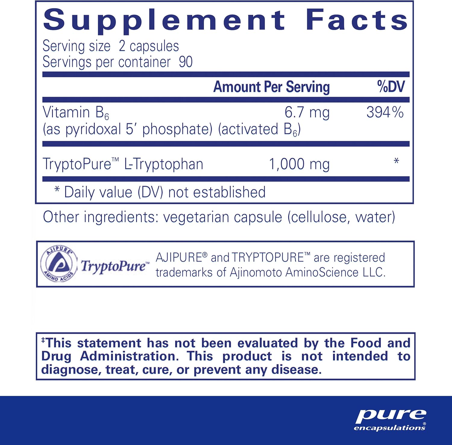 Pure Encapsulations L-Tryptophan dietary supplement bottle with 180 capsules, supports relaxation and mood balance.
