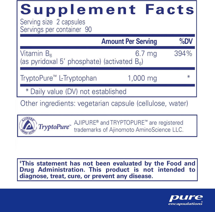 Pure Encapsulations L-Tryptophan dietary supplement bottle with 180 capsules, supports relaxation and mood balance.