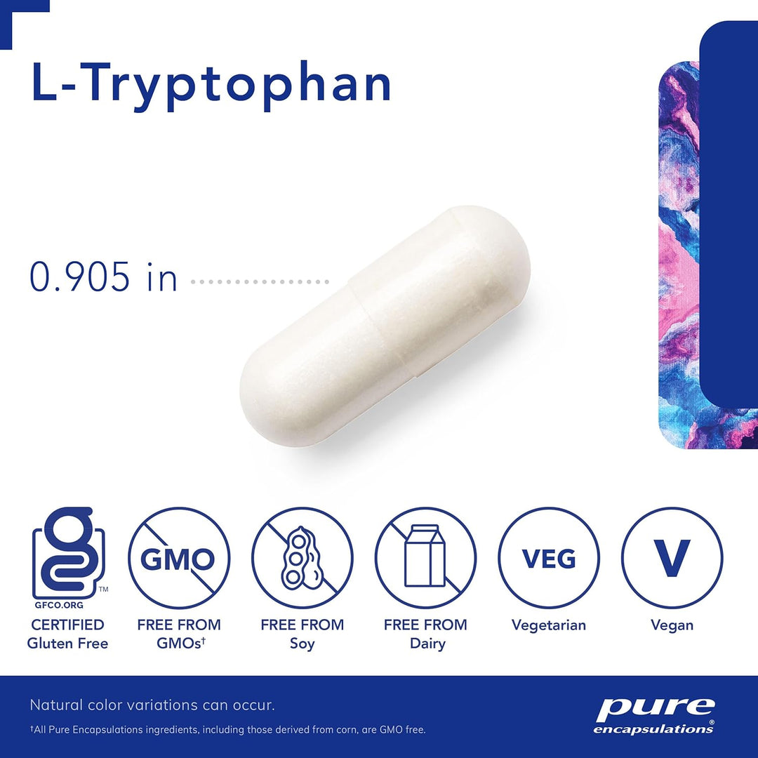 Pure Encapsulations L-Tryptophan dietary supplement bottle with 180 capsules for relaxation and mood support.