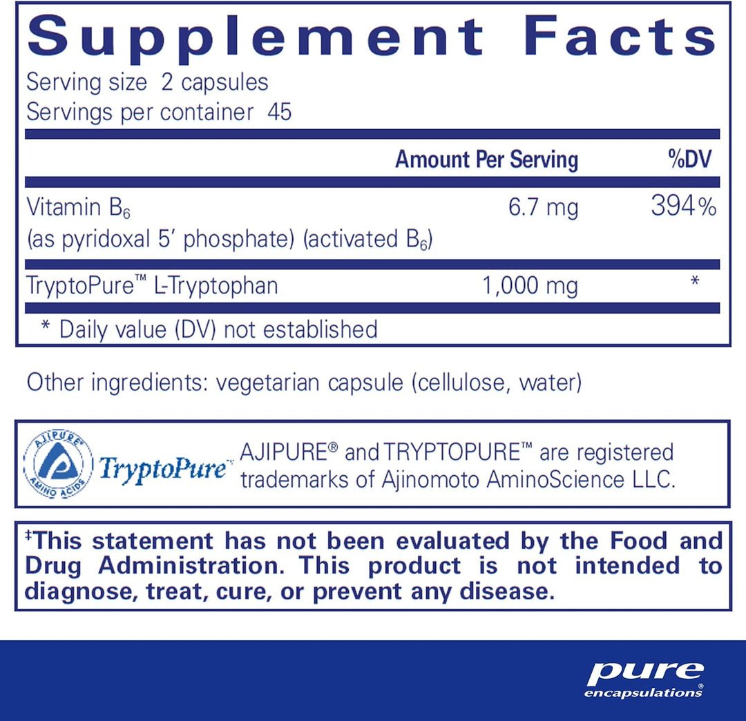 Pure Encapsulations L-Tryptophan dietary supplement bottle with 90 capsules, supporting relaxation and mood balance.