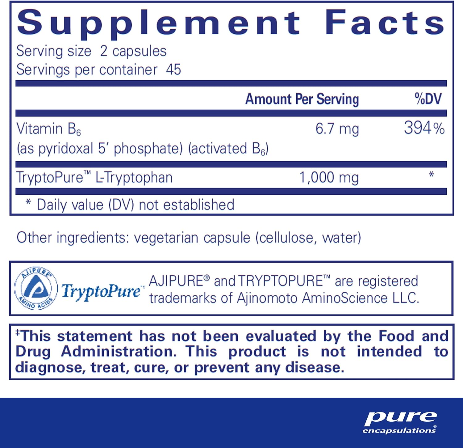 Pure Encapsulations L-Tryptophan dietary supplement bottle with 90 capsules, supporting relaxation and mood balance.