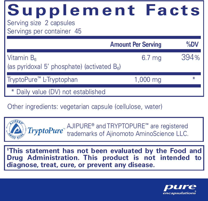 Pure Encapsulations L-Tryptophan dietary supplement bottle with 90 capsules, supporting relaxation and mood balance.