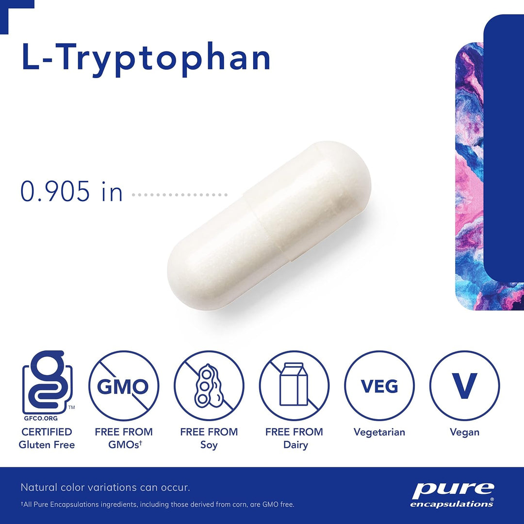 Pure Encapsulations L-Tryptophan dietary supplement capsules for relaxation and mood balance.