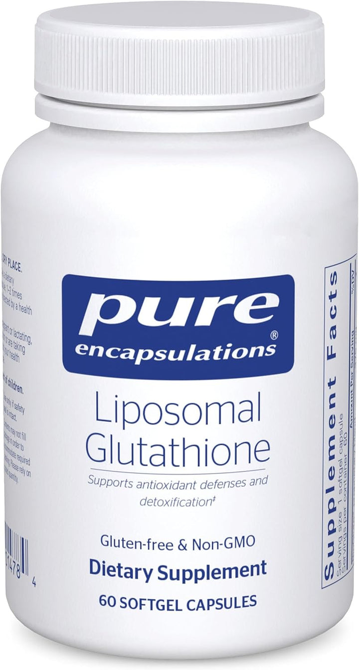 Pure Encapsulations Liposomal Glutathione dietary supplement softgels supporting immune health in a clear bottle.