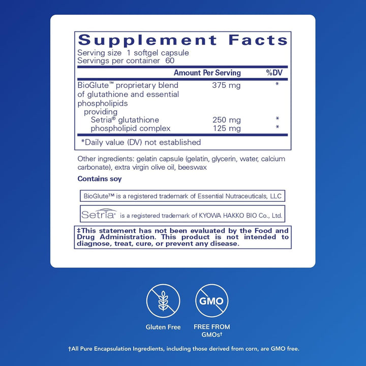Pure Encapsulations Liposomal Glutathione dietary supplement softgels supporting immune health in a clear bottle