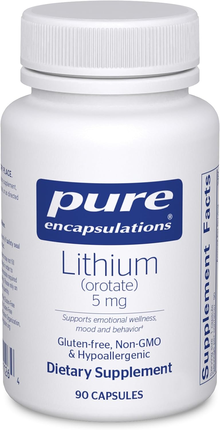 Pure Encapsulations Lithium Orotate dietary supplement bottles with 90 capsules for brain support, in a clear container.