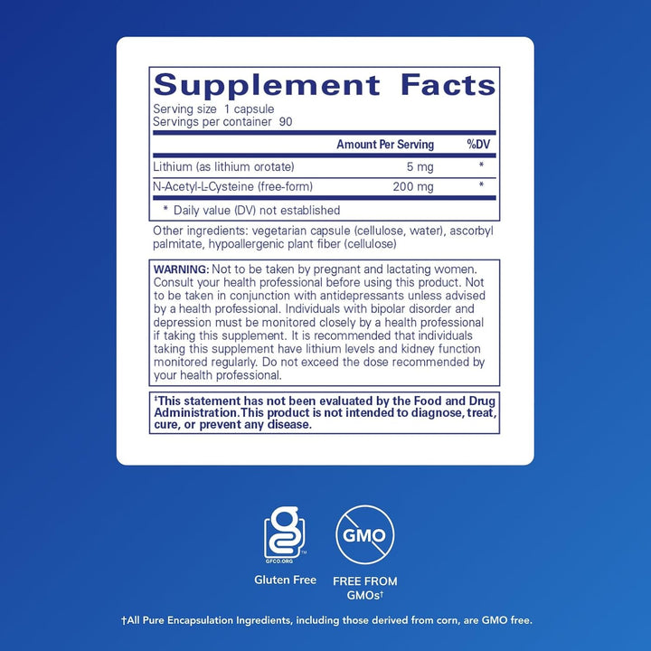 Pure Encapsulations Lithium Orotate dietary supplement capsules for brain support, 90 capsules in a clear bottle.