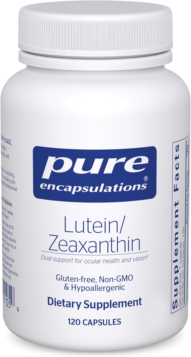 Pure Encapsulations Lutein Zeaxanthin Eye Support dietary supplement capsules in a bottle for eye health.