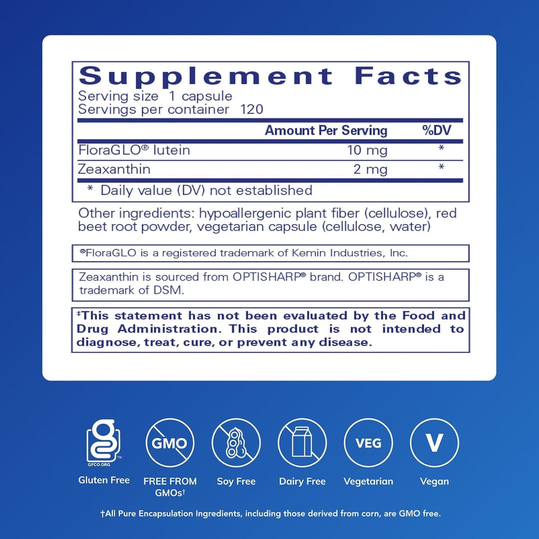 Pure Encapsulations Lutein Zeaxanthin eye support supplement in 120 capsules, dietary supplement for vision health.