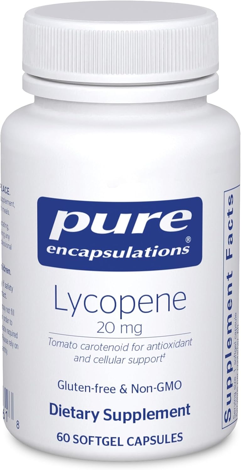 Pure Encapsulations Lycopene 20 mg dietary supplement softgels for eye and cell health, shown in a bottle with softgel capsules.