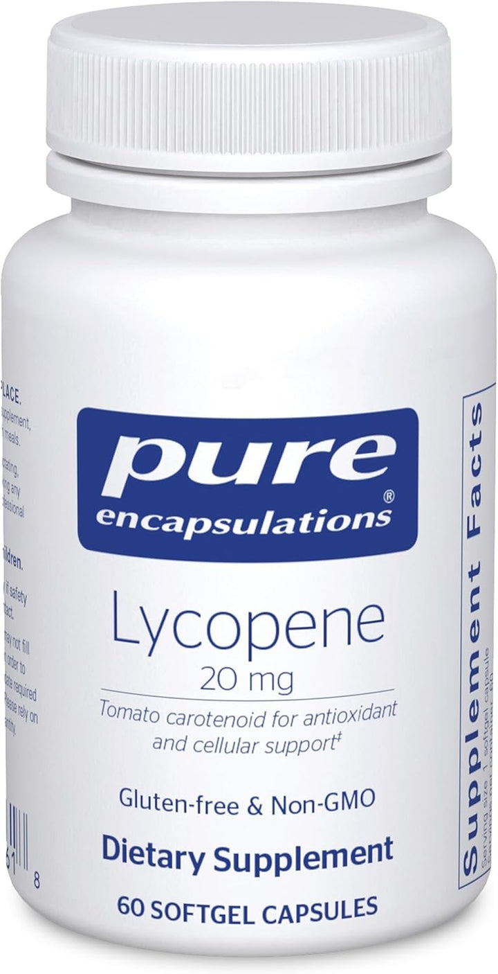 Pure Encapsulations Lycopene 20 mg dietary supplement softgels for eye and cell health, shown in a bottle with softgel capsules.