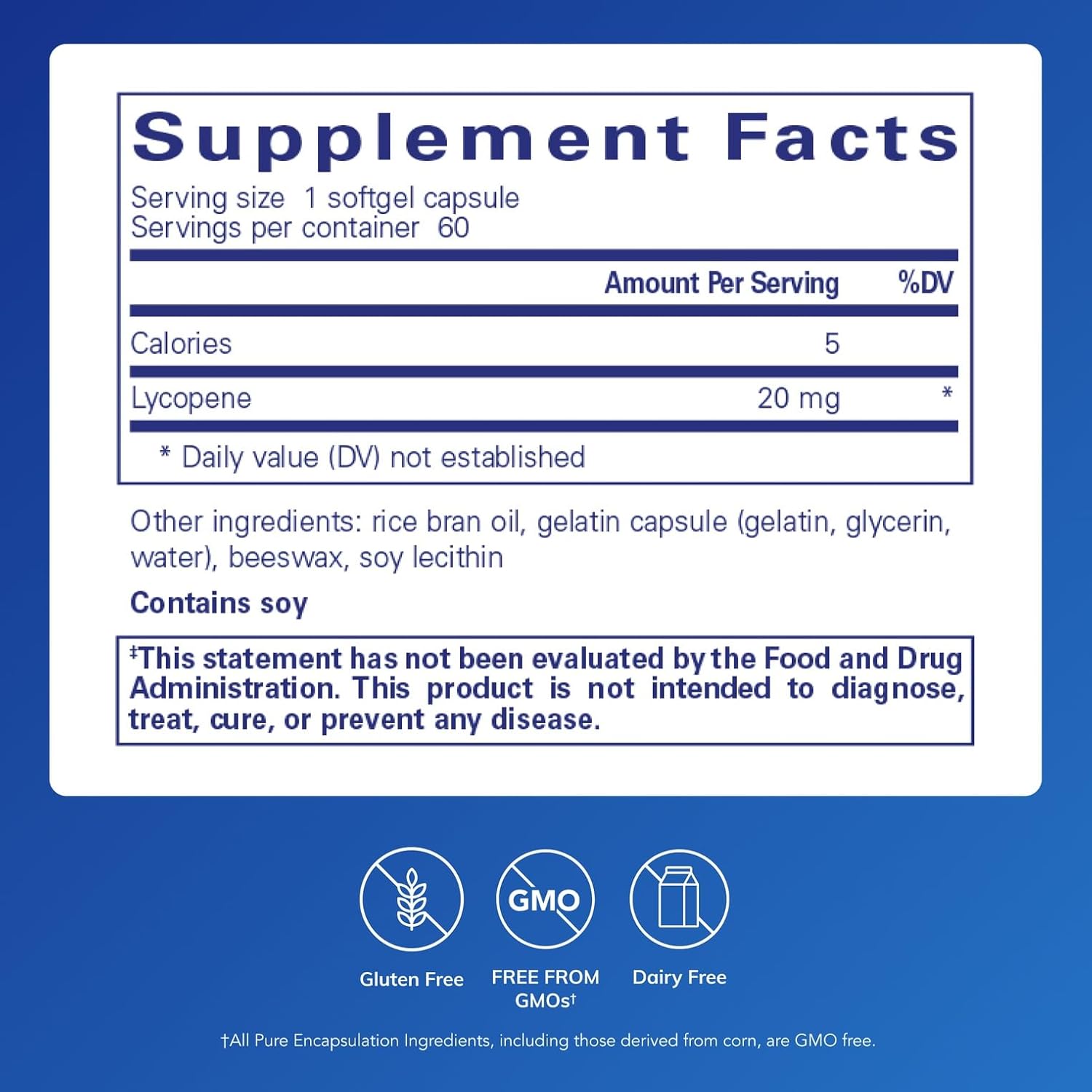 Pure Encapsulations Lycopene 20 mg dietary supplement softgels supporting eye and cell health, shown in a clear bottle.
