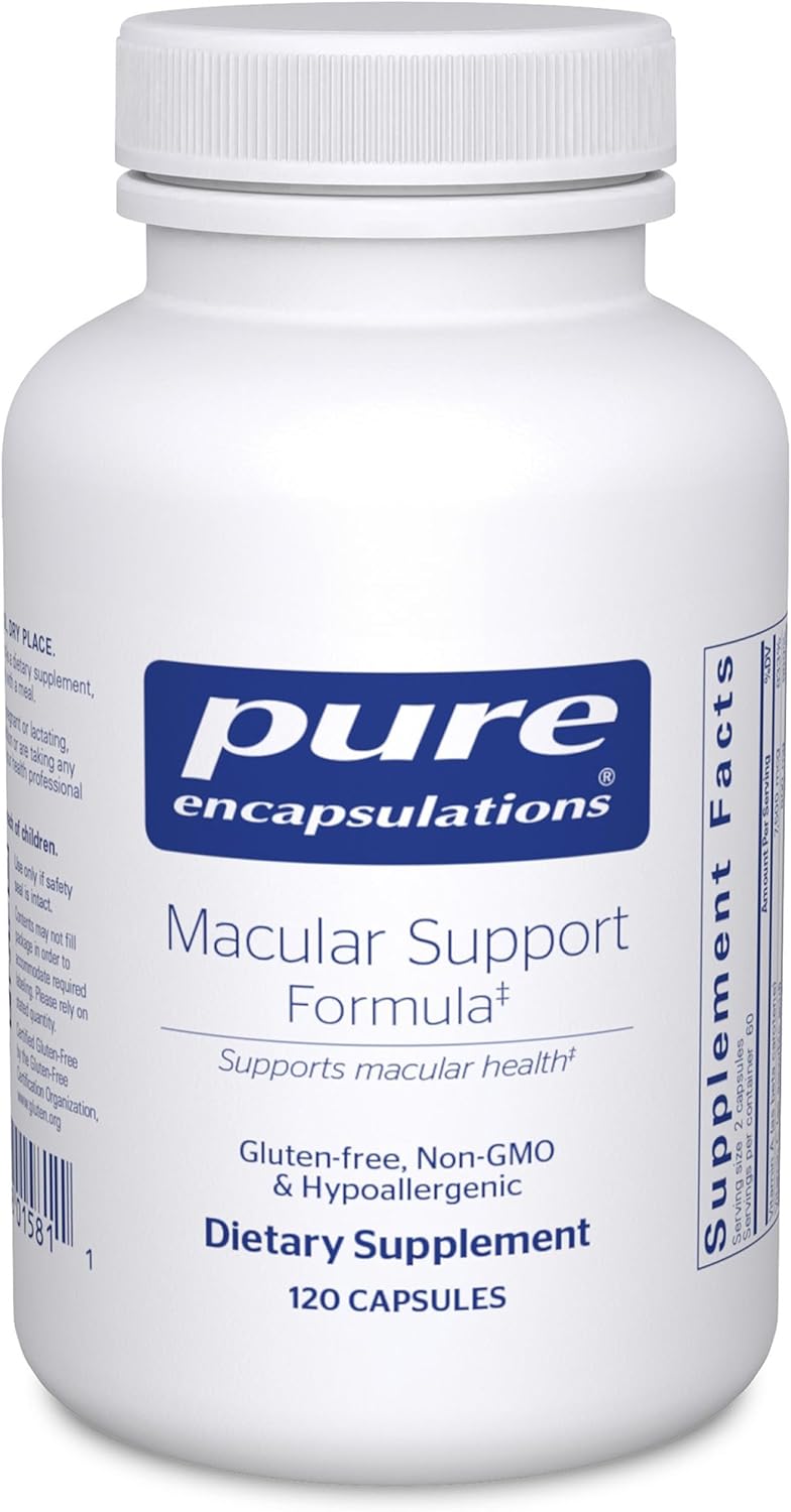 Pure Encapsulations Macular Support dietary supplement bottle with 120 capsules, designed to support eye health and vision.