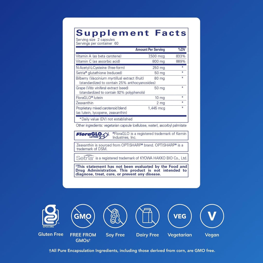 Pure Encapsulations Macular Support dietary supplement bottle with 120 capsules for eye health and vision support.