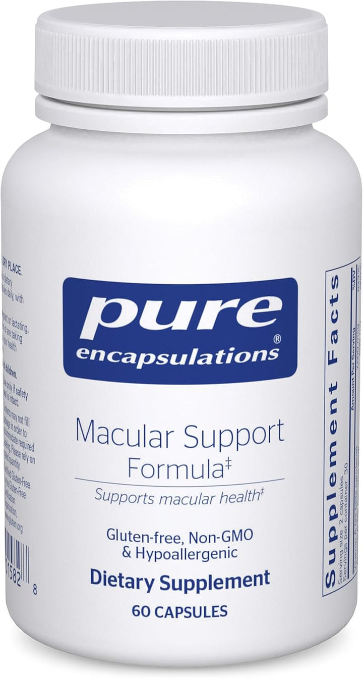 Pure Encapsulations Macular Support dietary supplement capsules in a bottle, designed for eye health and vision support.