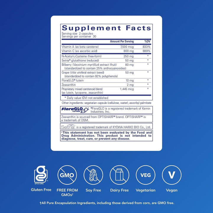 Pure Encapsulations Macular Support dietary supplement capsules, 60-count bottle for eye health and vision support.