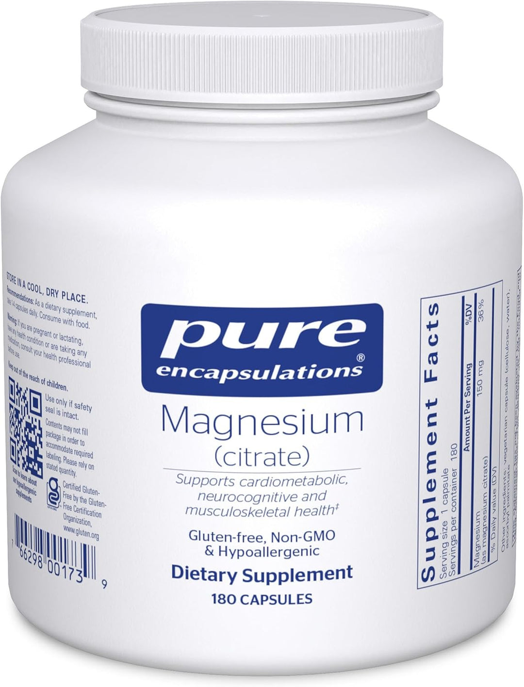 Pure Encapsulations Magnesium Citrate dietary supplement bottle with 180 capsules, supporting sleep and energy metabolism.