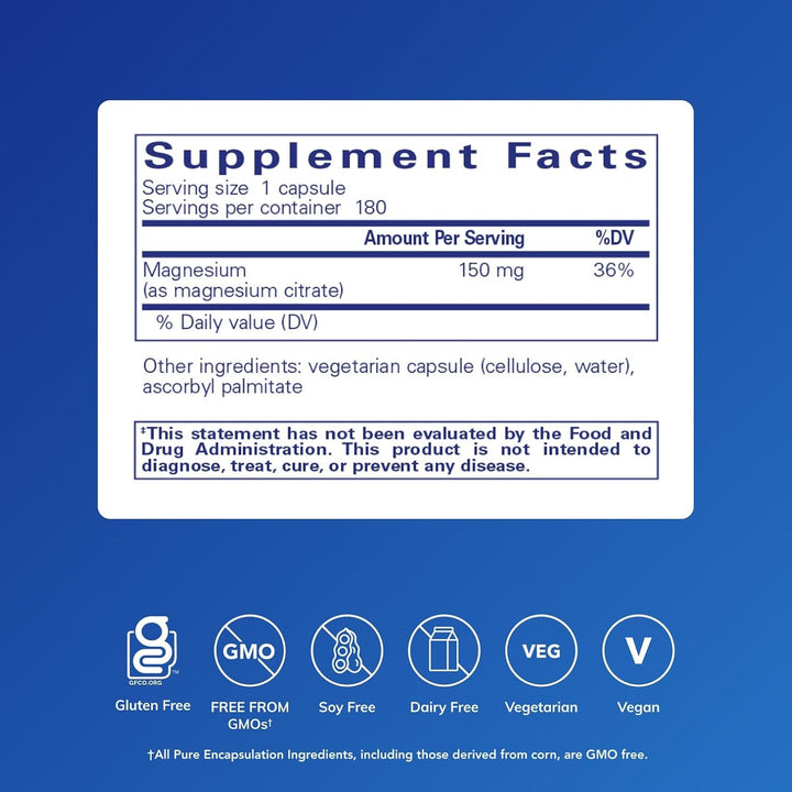 Pure Encapsulations Magnesium Citrate dietary supplement capsules for sleep support and energy metabolism, shown in a bottle.
